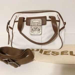 Authentic Diesel White Canvas Leather Distress Hardware Handbag Shoulder Bag